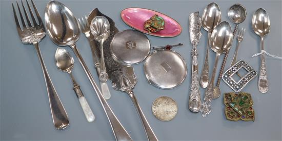 Assorted small silver, including compacts, Danish dish and flatware, including plated and minor costume jewellery.